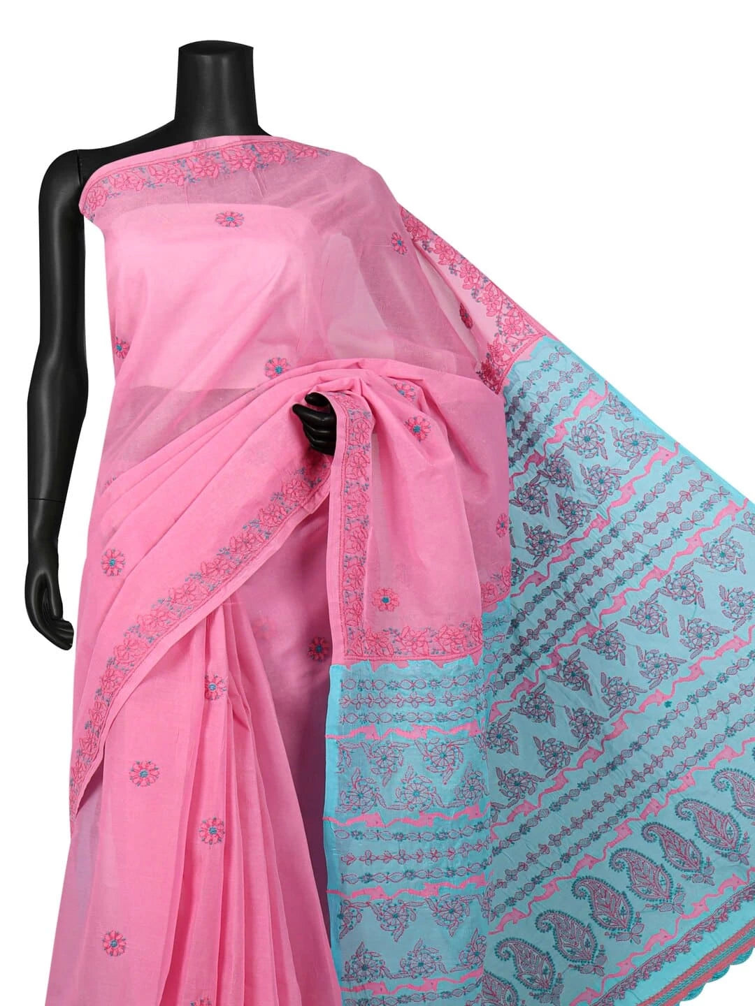 Ada Hand Embroidered Blue Cotton Lucknowi Chikankari Saree With Blouse A173192