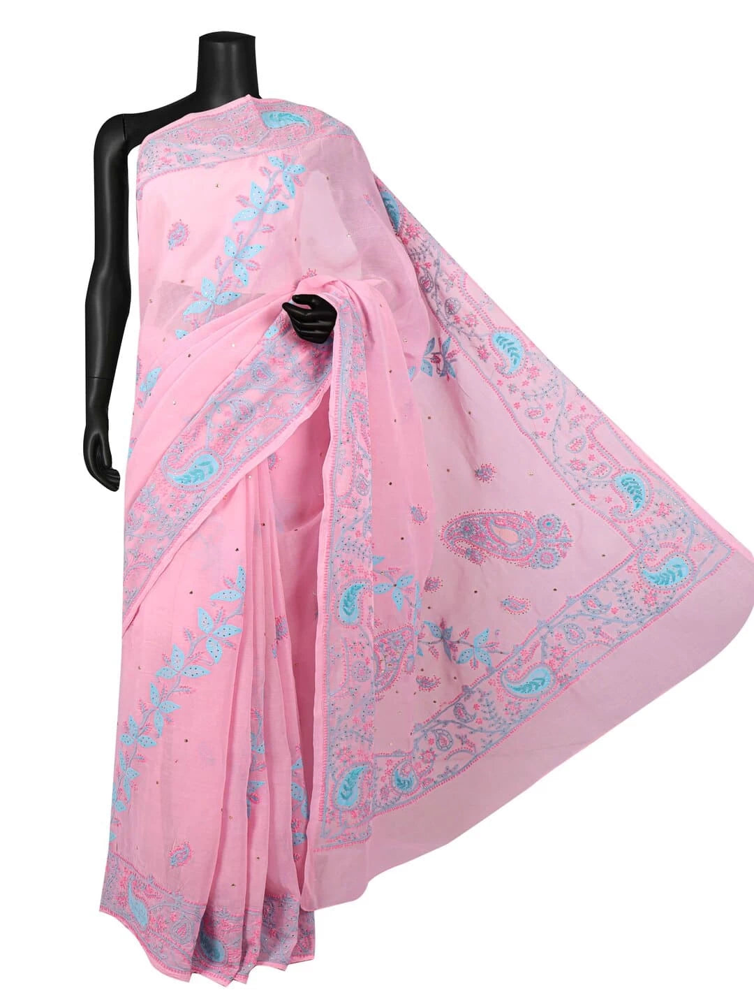 Ada Hand Embroidered Pink Cotton Lucknowi Chikankari Saree/Blouse With Muqaish Work 01A20059