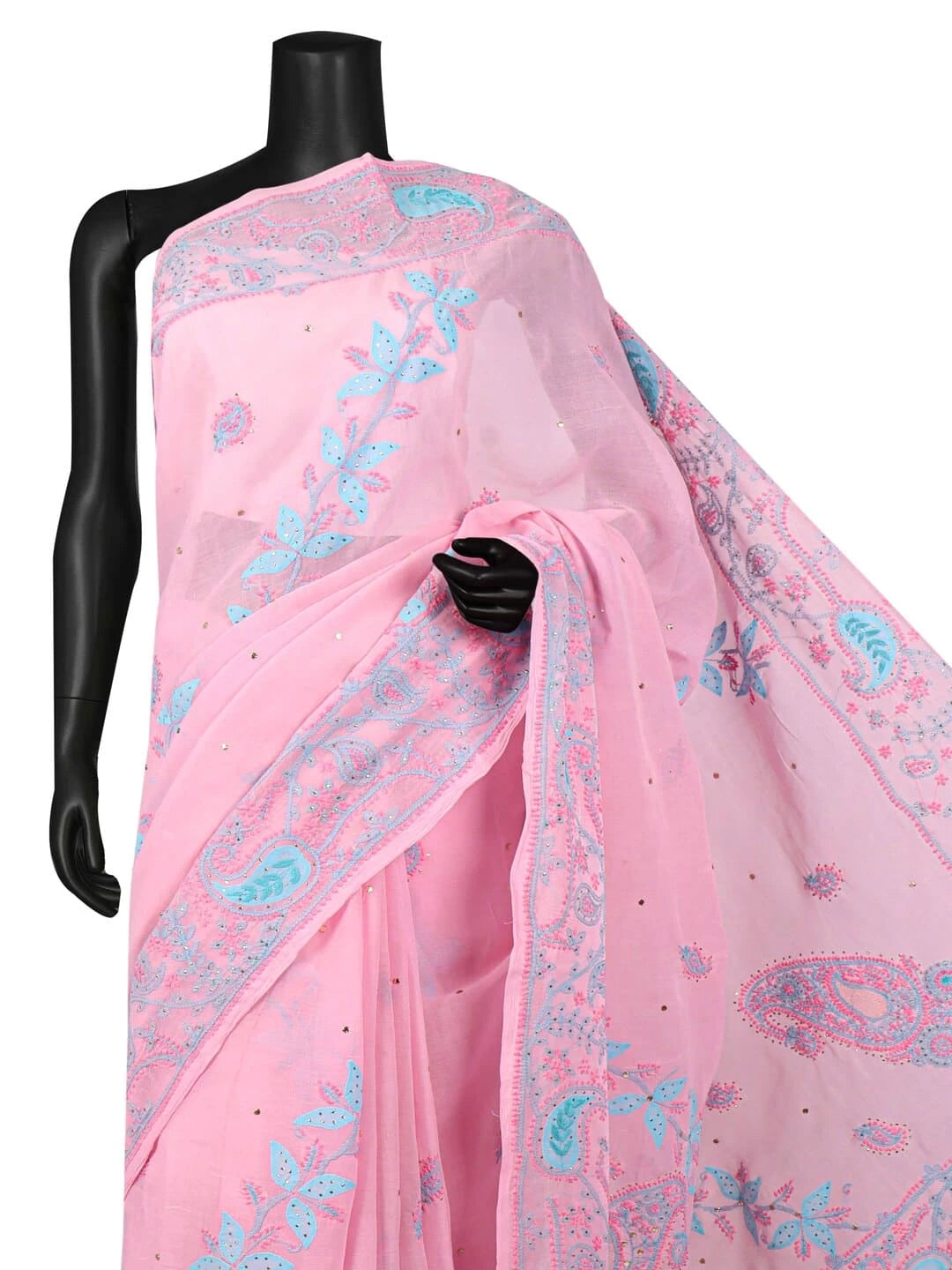Ada Hand Embroidered Pink Cotton Lucknowi Chikankari Saree/Blouse With Muqaish Work 01A20059