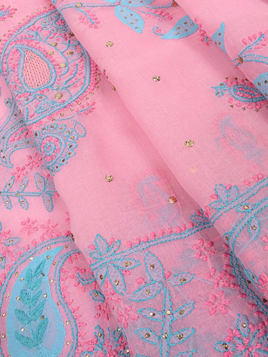 Ada Hand Embroidered Pink Cotton Lucknowi Chikankari Saree/Blouse With Muqaish Work 01A20059
