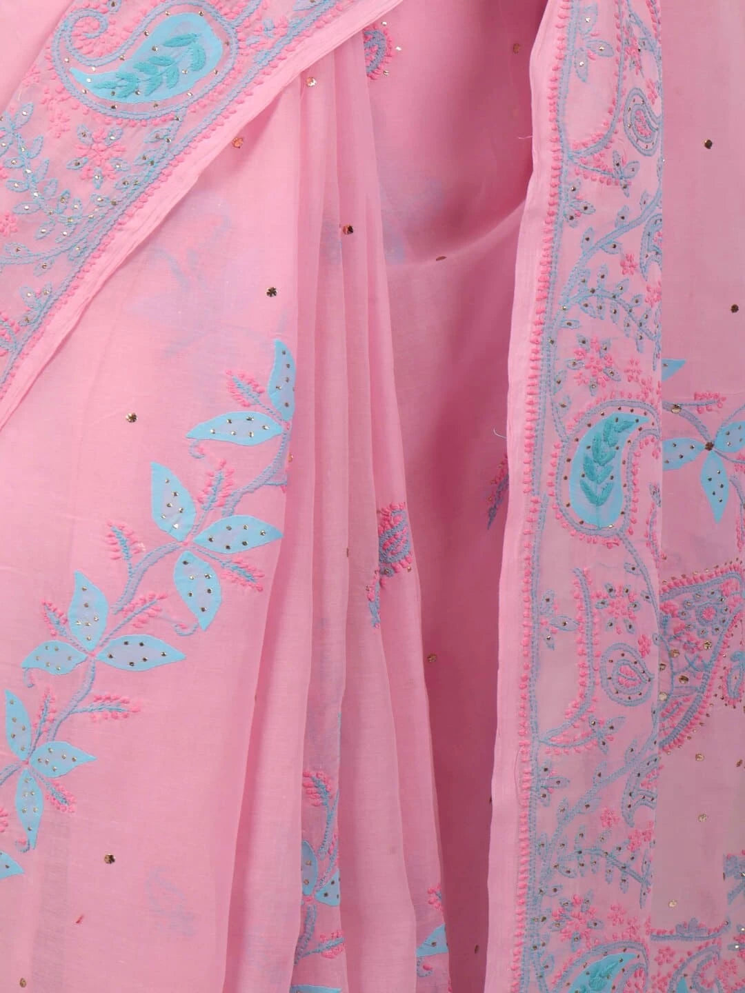 Ada Hand Embroidered Pink Cotton Lucknowi Chikankari Saree/Blouse With Muqaish Work 01A20059