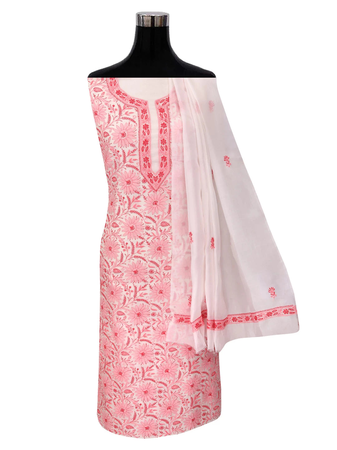 Ada Hand Embroidered White Organza Lucknowi Chikankari Unstitched Kurta Dupatta Set 01A365115
