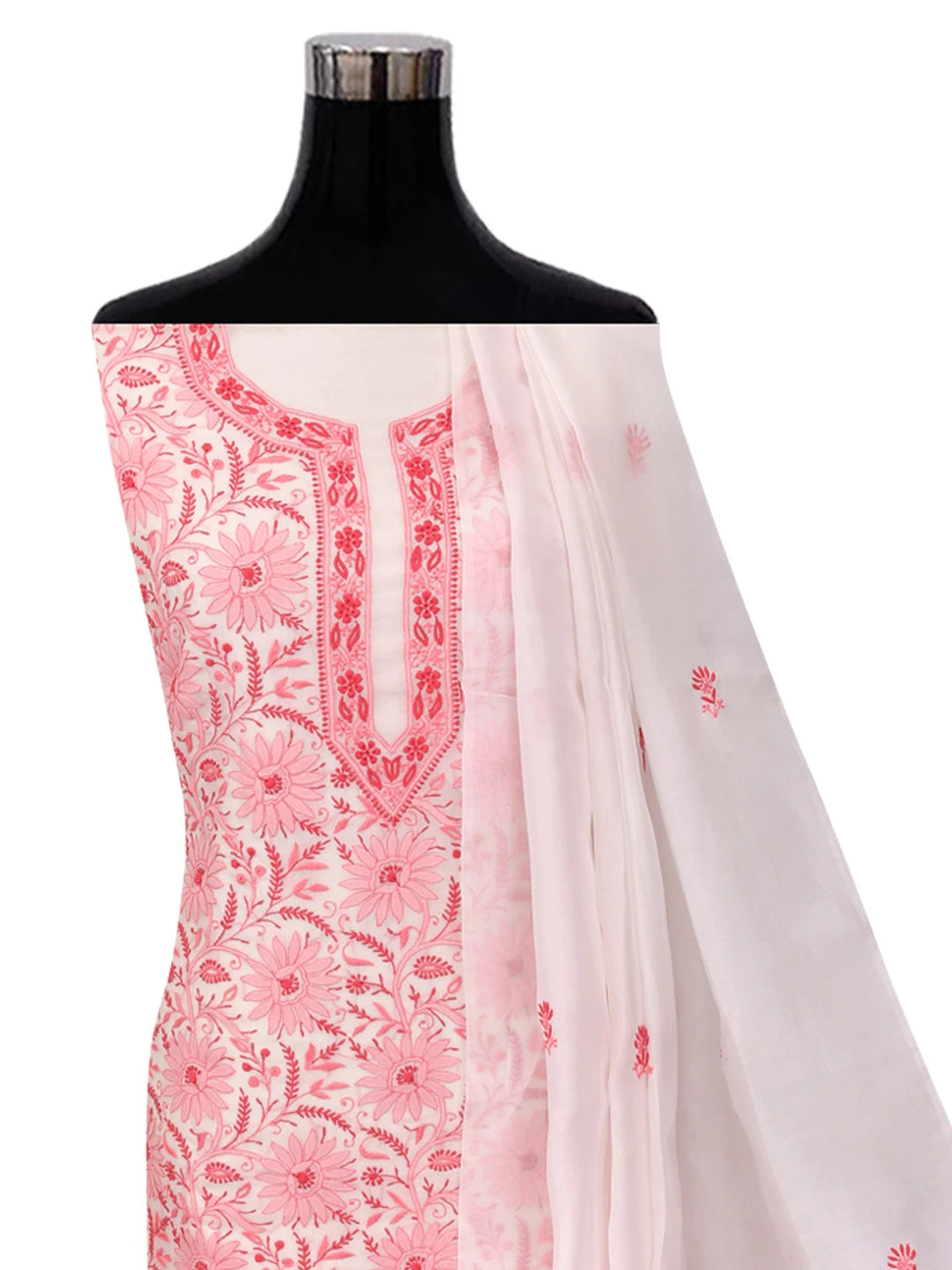Ada Hand Embroidered White Organza Lucknowi Chikankari Unstitched Kurta Dupatta Set 01A365115