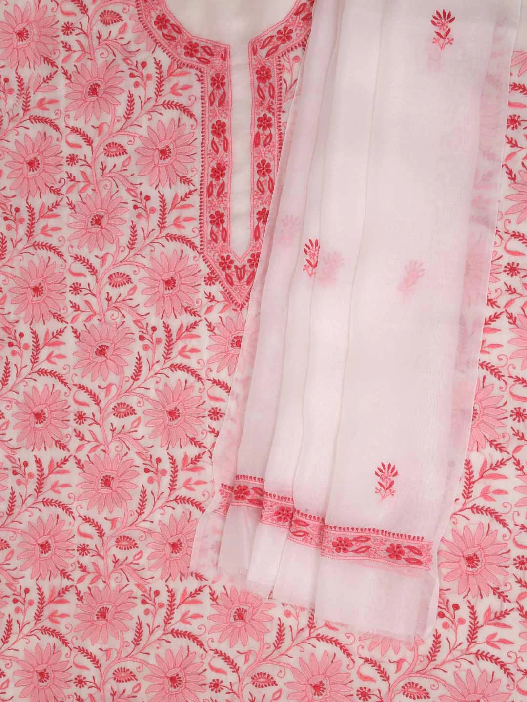 Ada Hand Embroidered White Organza Lucknowi Chikankari Unstitched Kurta Dupatta Set 01A365115