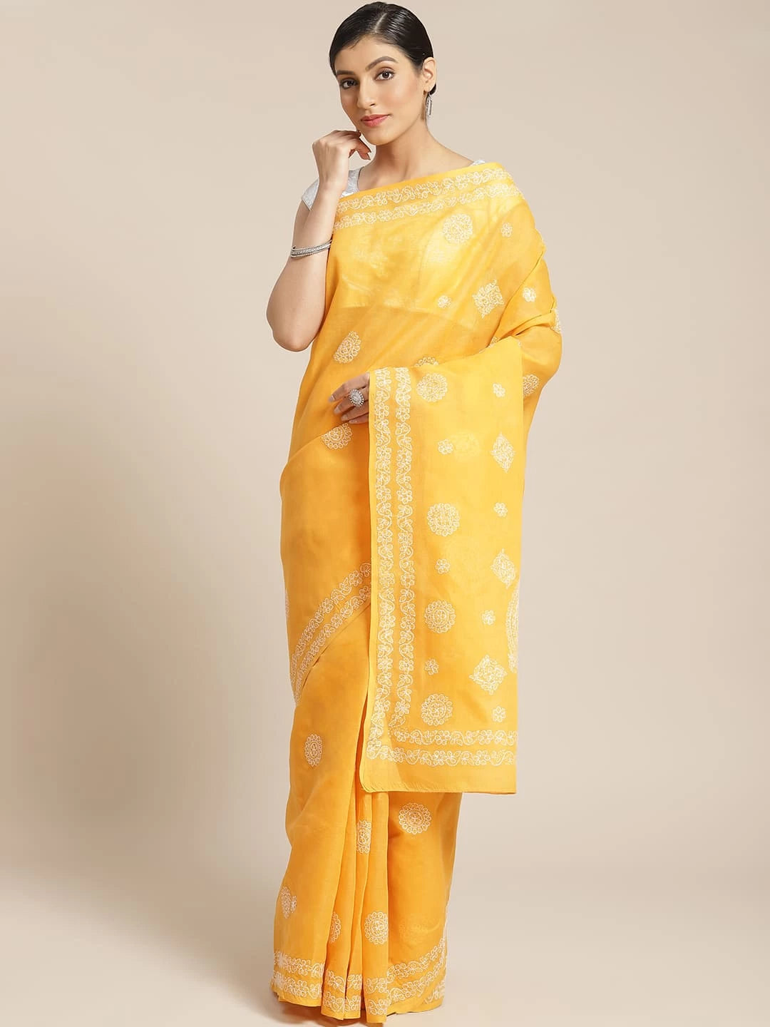 Ada Hand Embroidered Mustard Cotton Lucknow Chikankari Saree With Blouse A311163