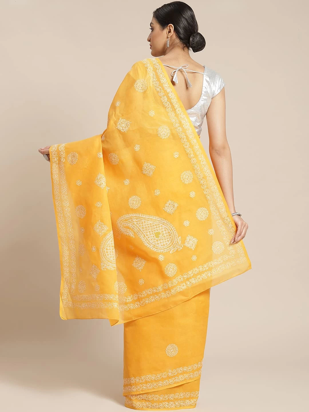 Ada Hand Embroidered Mustard Cotton Lucknow Chikankari Saree With Blouse A311163