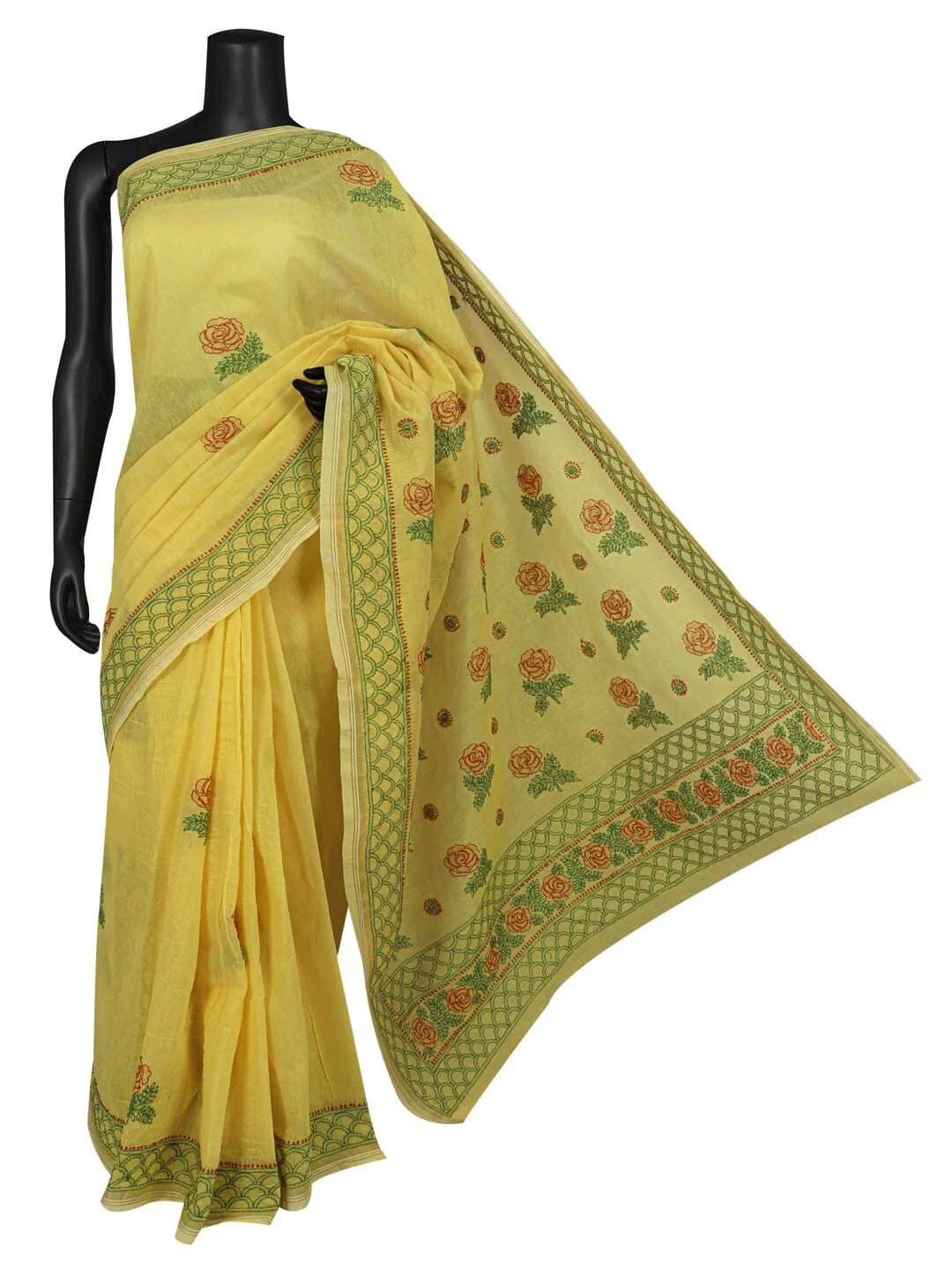 Ada Hand Embroidered Yellow Chanderi Lucknowi Chikankari Saree With Blouse 01A234133
