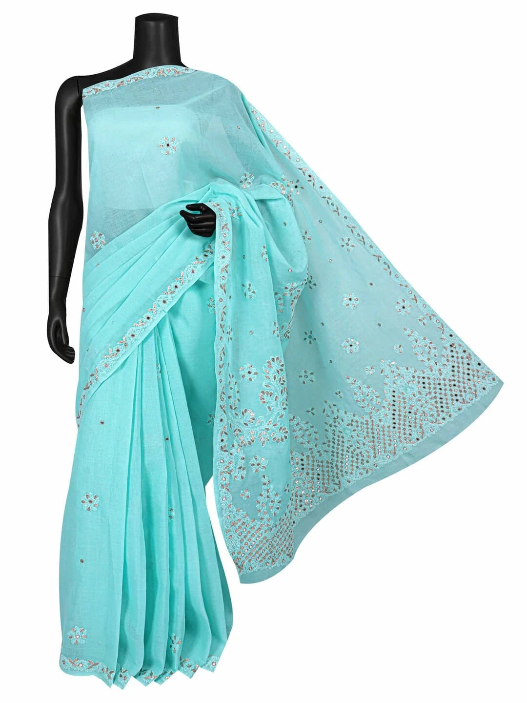 Ada Hand Embroidered Sea Green Cotton Lucknowi Chikankari Saree/Blouse With Gota Patti  Work 01A24573