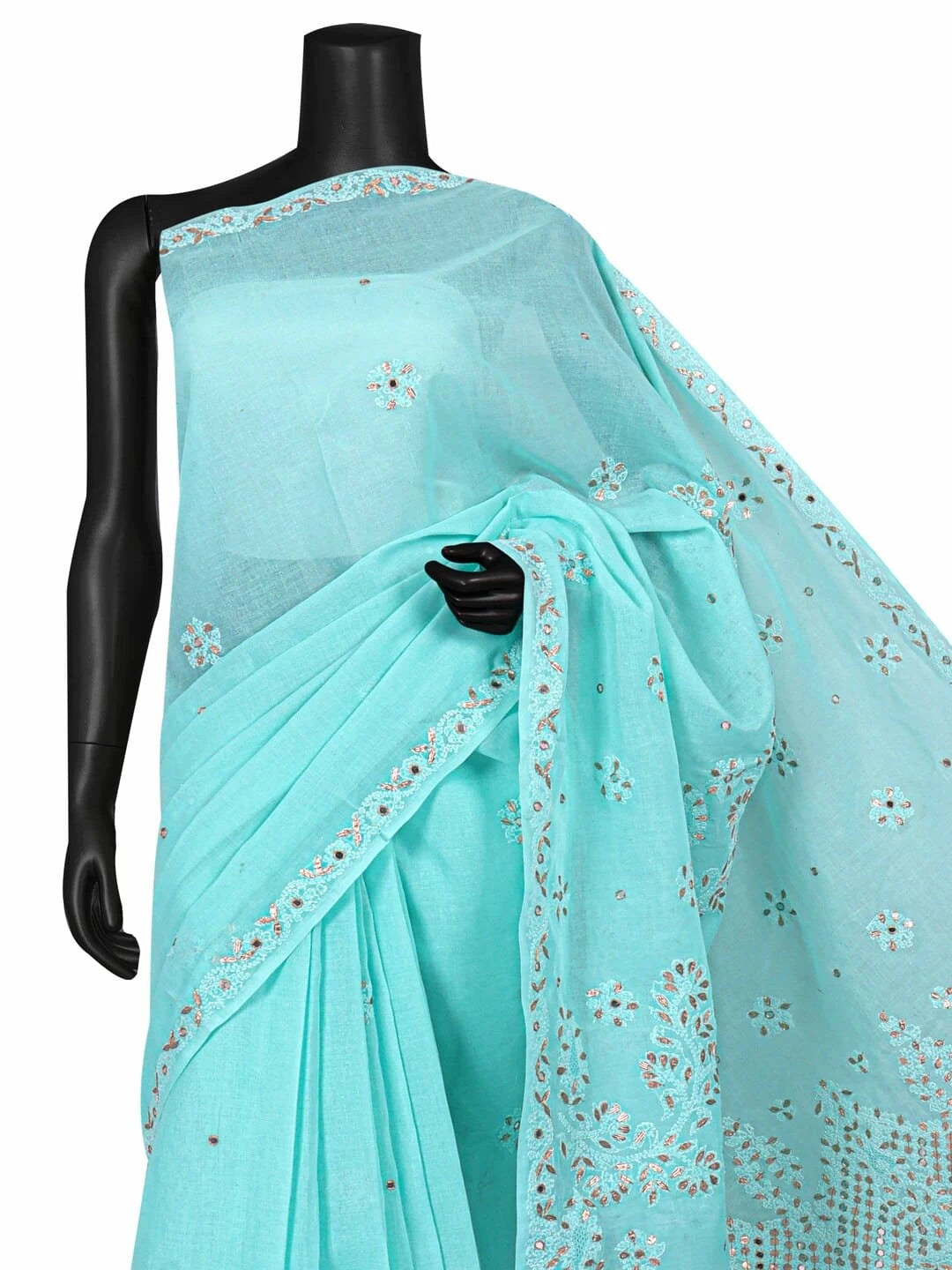 Ada Hand Embroidered Sea Green Cotton Lucknowi Chikankari Saree/Blouse With Gota Patti  Work 01A24573