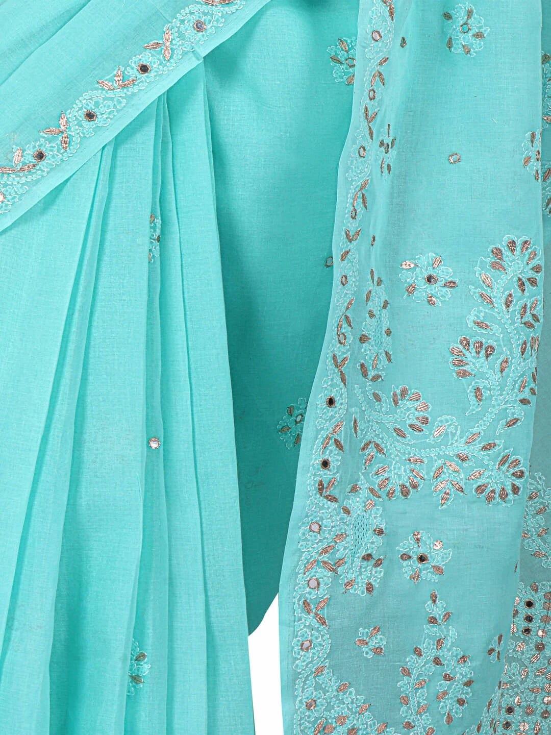 Ada Hand Embroidered Sea Green Cotton Lucknowi Chikankari Saree/Blouse With Gota Patti  Work 01A24573