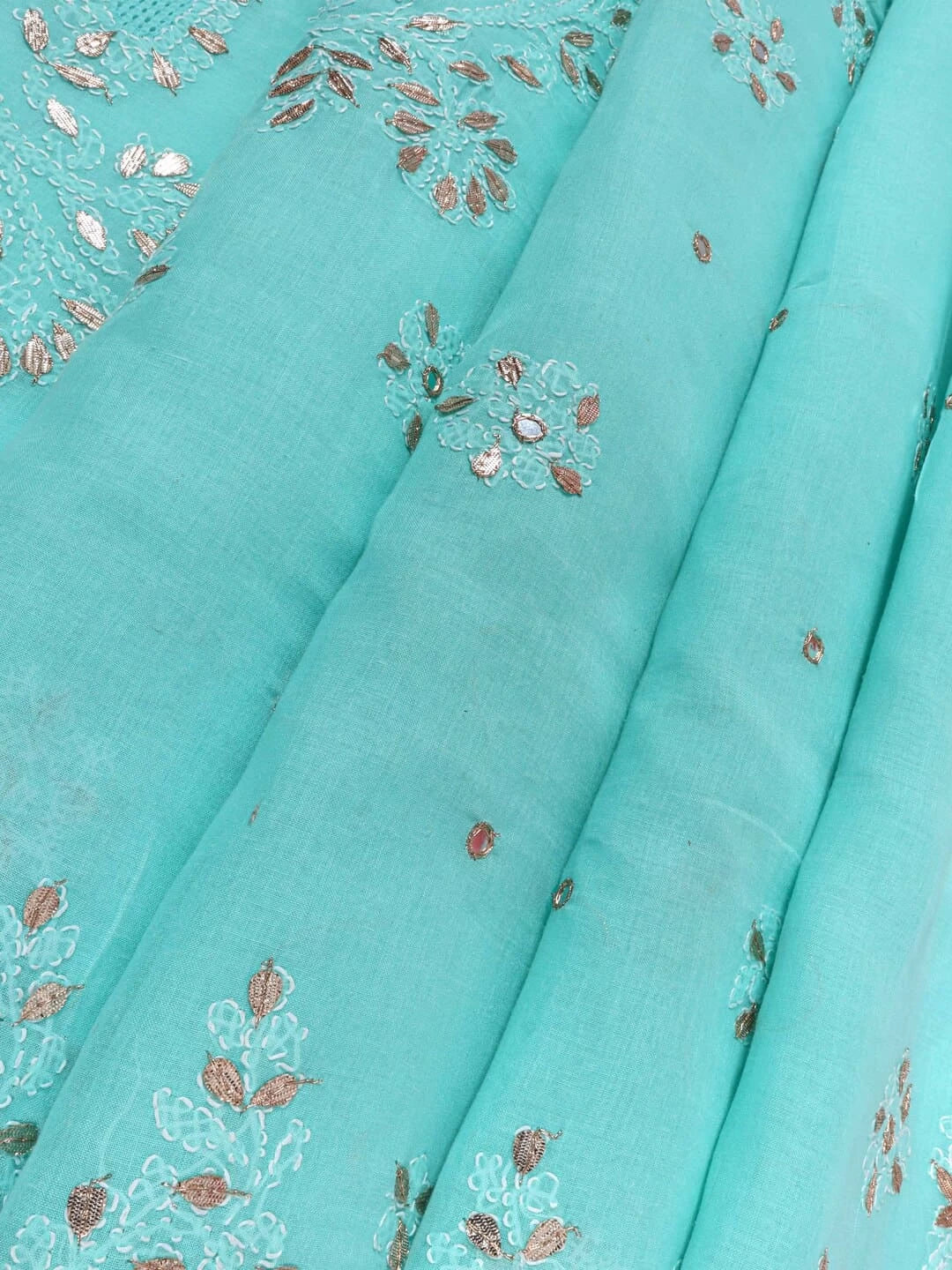 Ada Hand Embroidered Sea Green Cotton Lucknowi Chikankari Saree/Blouse With Gota Patti  Work 01A24573