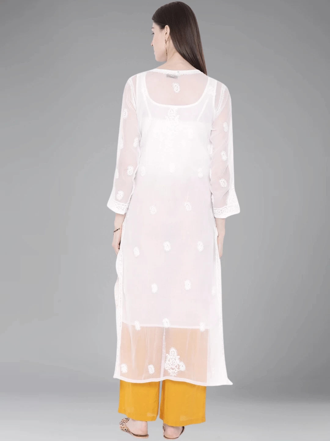 Ada Hand Embroidered White Georgette Lucknowi Chikankari Straight Kurta With Slip A223935