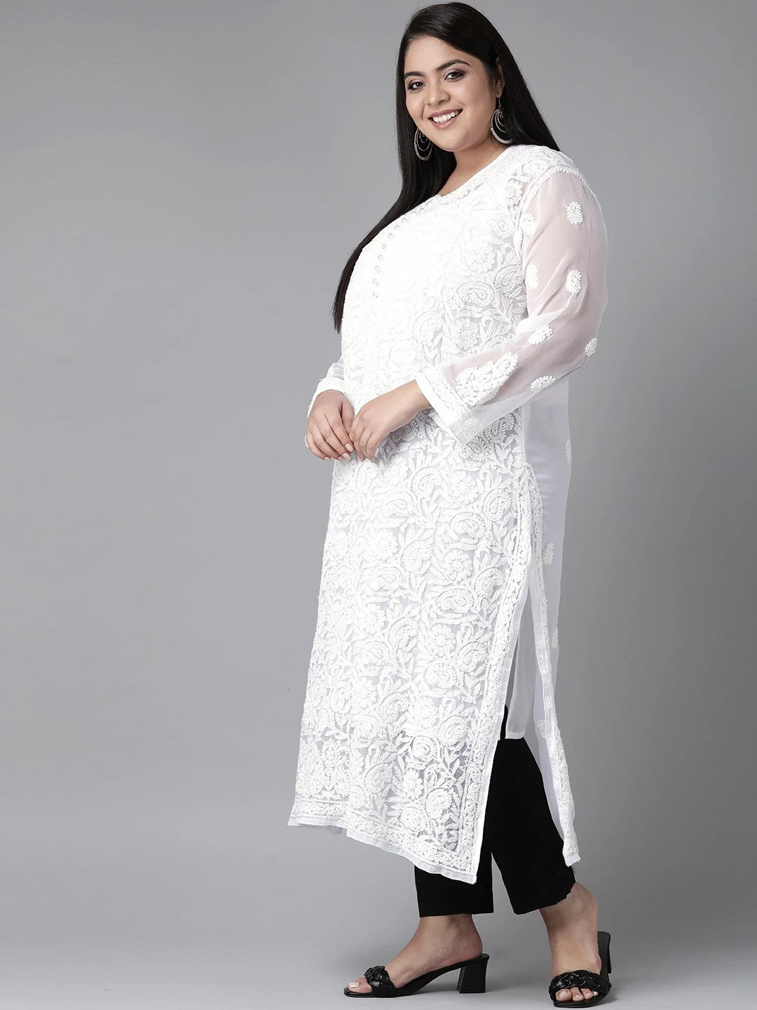 Ada Hand Embroidered White Georgette Lucknowi Chikankari Straight Kurta With Slip A223935