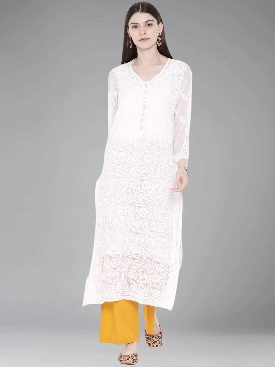 Ada Hand Embroidered White Georgette Lucknowi Chikankari Straight Kurta With Slip A223935