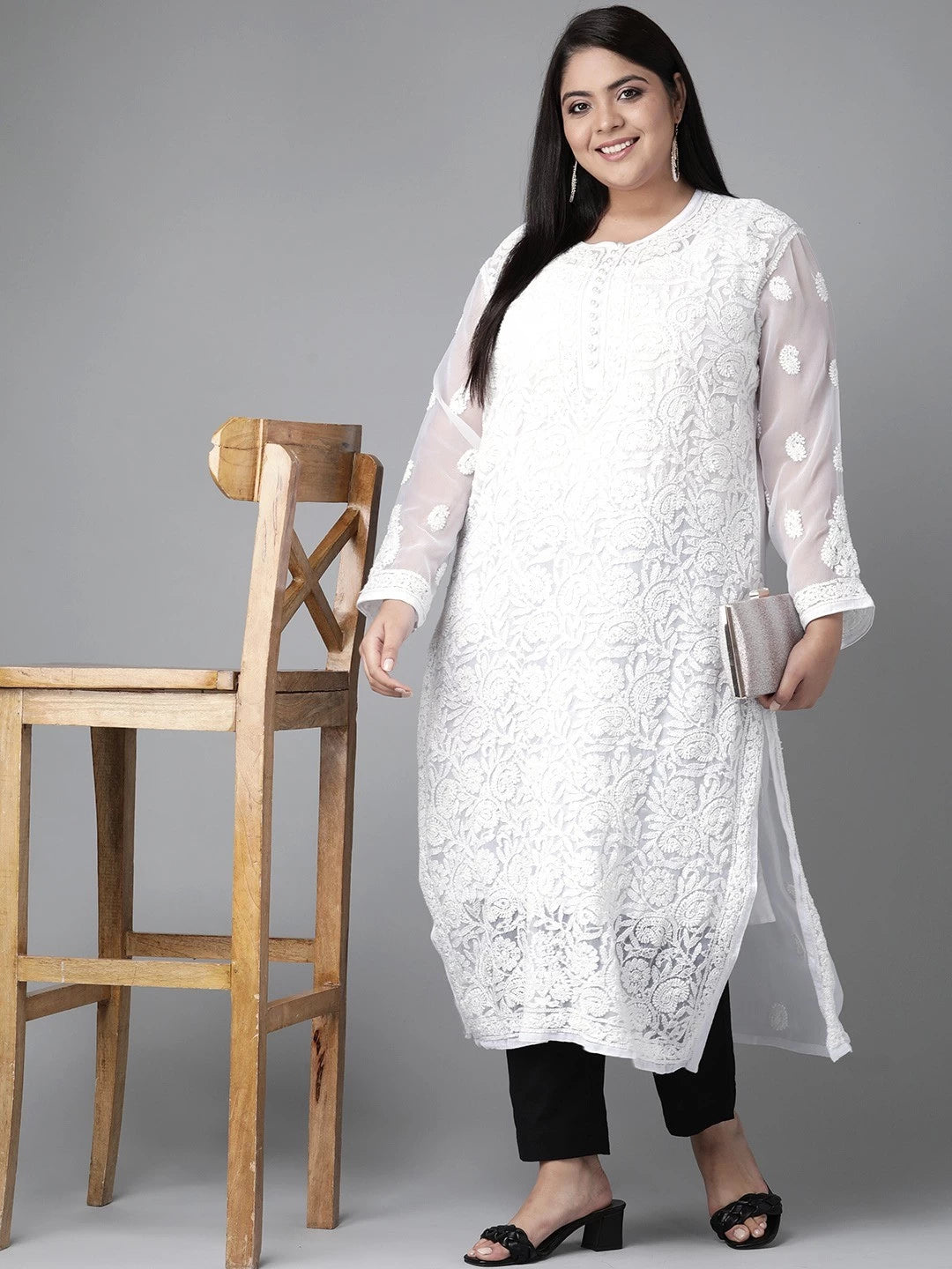 Ada Hand Embroidered White Georgette Lucknowi Chikankari Straight Kurta With Slip A223935