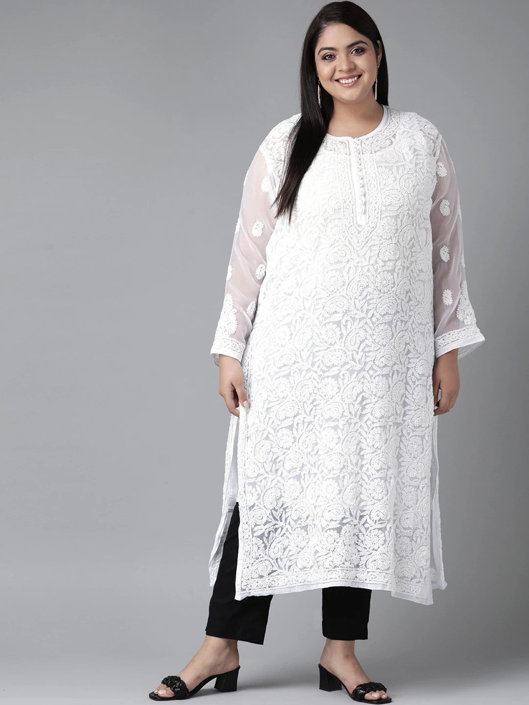 Ada Hand Embroidered White Georgette Lucknowi Chikankari Straight Kurta With Slip A223935