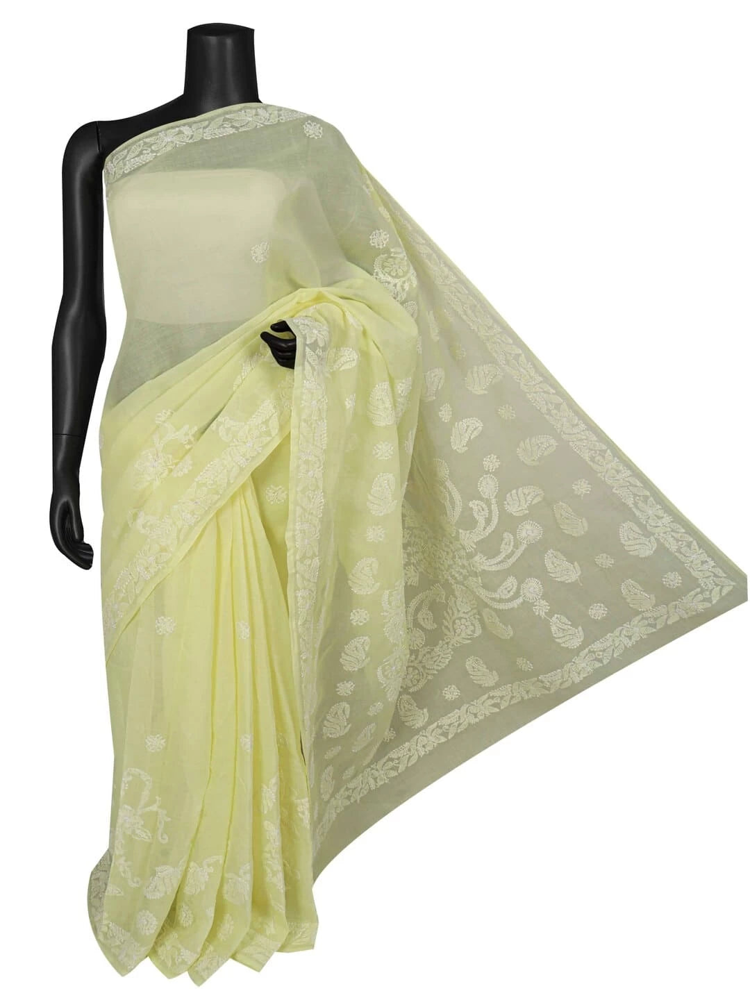 Ada Hand Embroidered Lemon Cotton Lucknowi Chikankari Saree With Blouse 01A106498