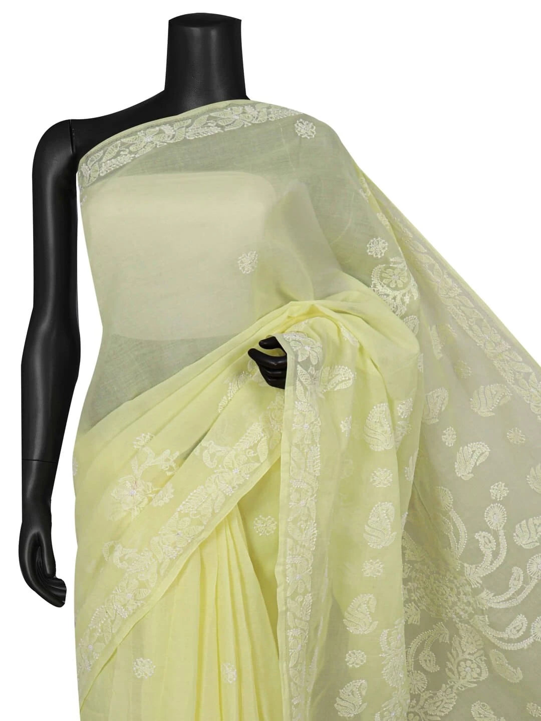 Ada Hand Embroidered Lemon Cotton Lucknowi Chikankari Saree With Blouse 01A106498