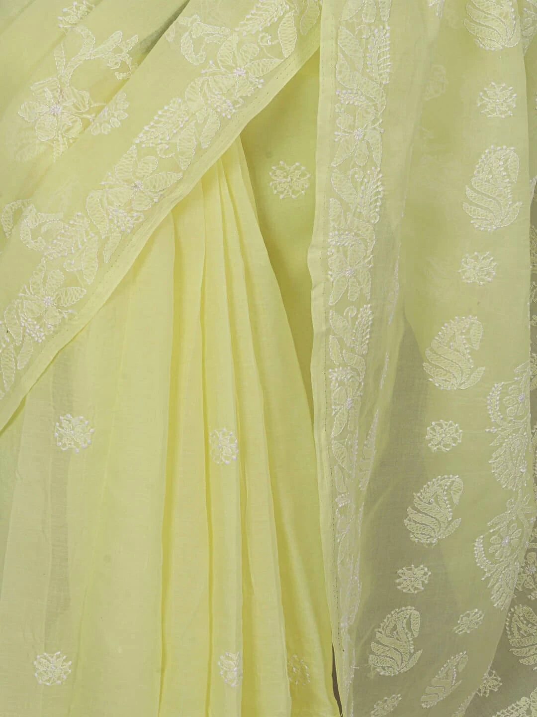 Ada Hand Embroidered Lemon Cotton Lucknowi Chikankari Saree With Blouse 01A106498