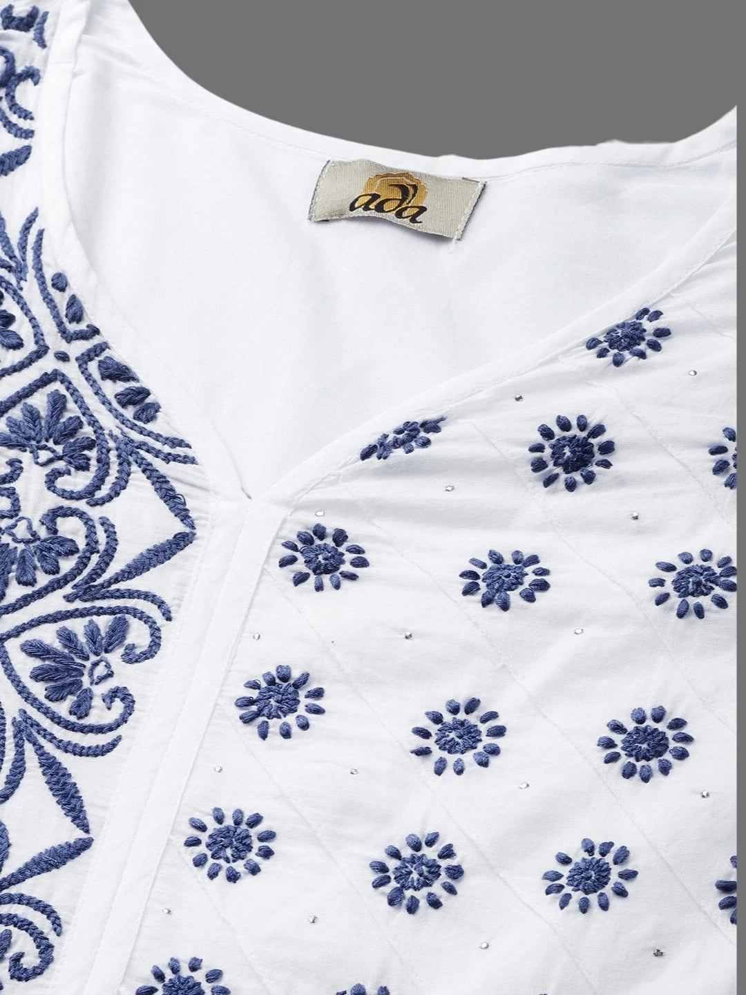 Ada Hand Embroidered White Cotton Lucknowi Chikankari A-line Kurta With Muqaish Work A100052