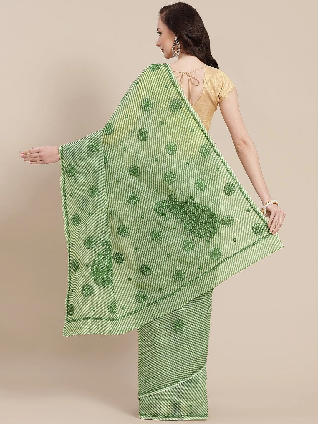 Ada Hand Embroidered Green Kota Lucknow Chikankari Saree With Blouse A311348