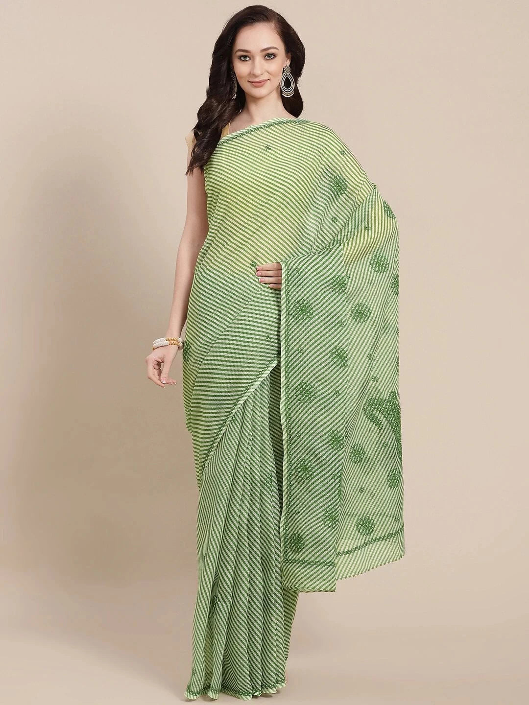 Ada Hand Embroidered Green Kota Lucknow Chikankari Saree With Blouse A311348