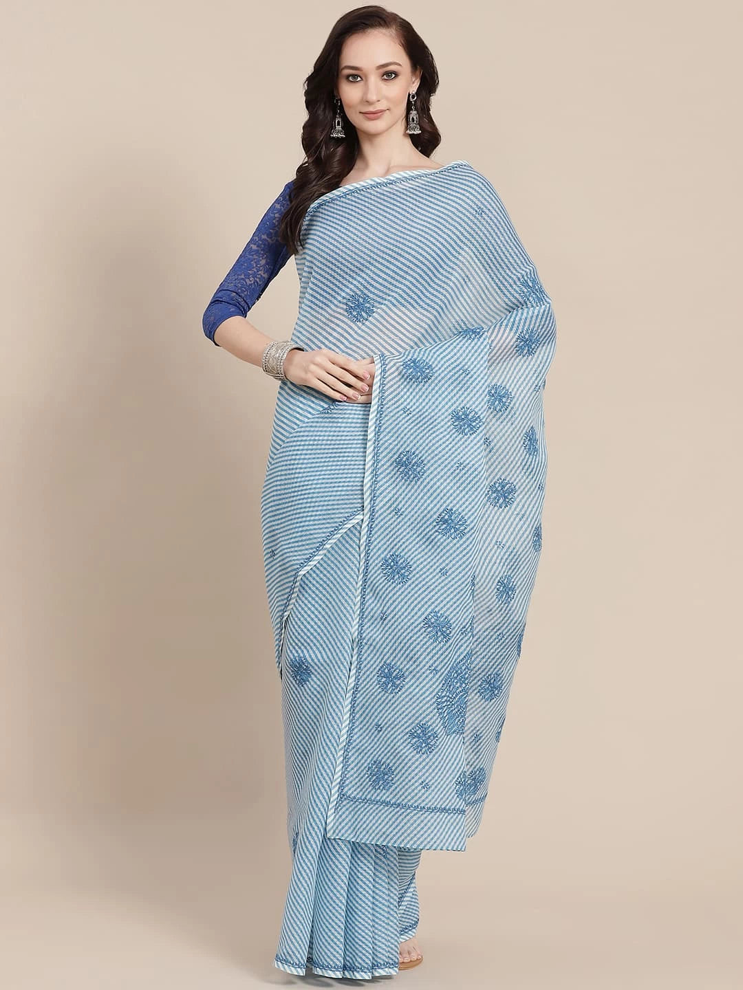 Ada Hand Embroidered Blue Kota Lucknow Chikankari Saree With Blouse A311351