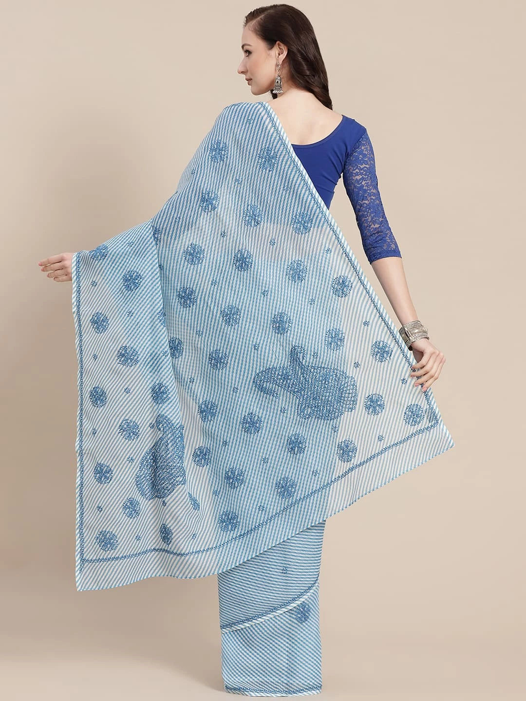 Ada Hand Embroidered Blue Kota Lucknow Chikankari Saree With Blouse A311351