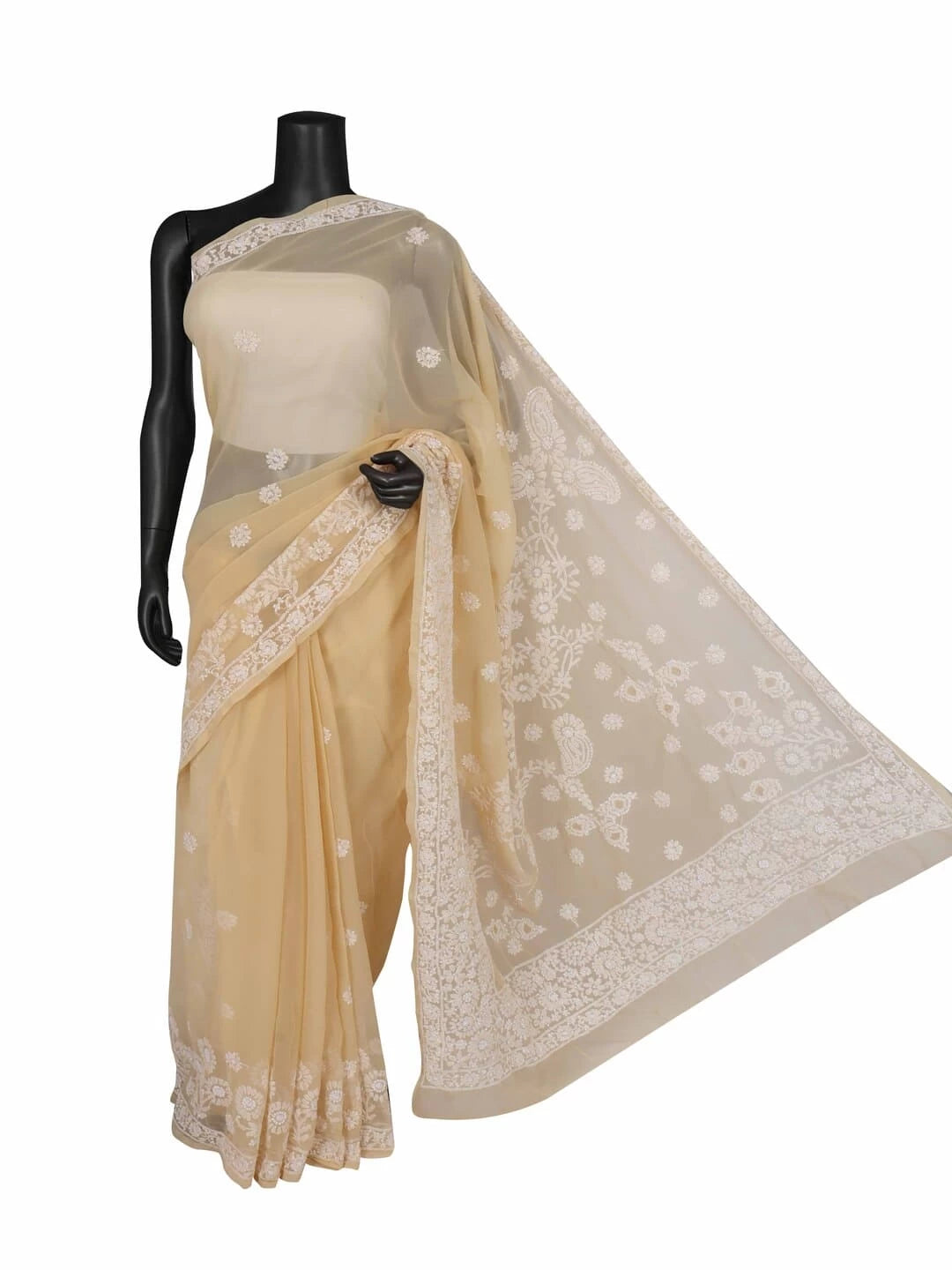 Ada Hand Embroidered Fawn Georgette Lucknowi Chikankari Saree With Blouse 01A238138