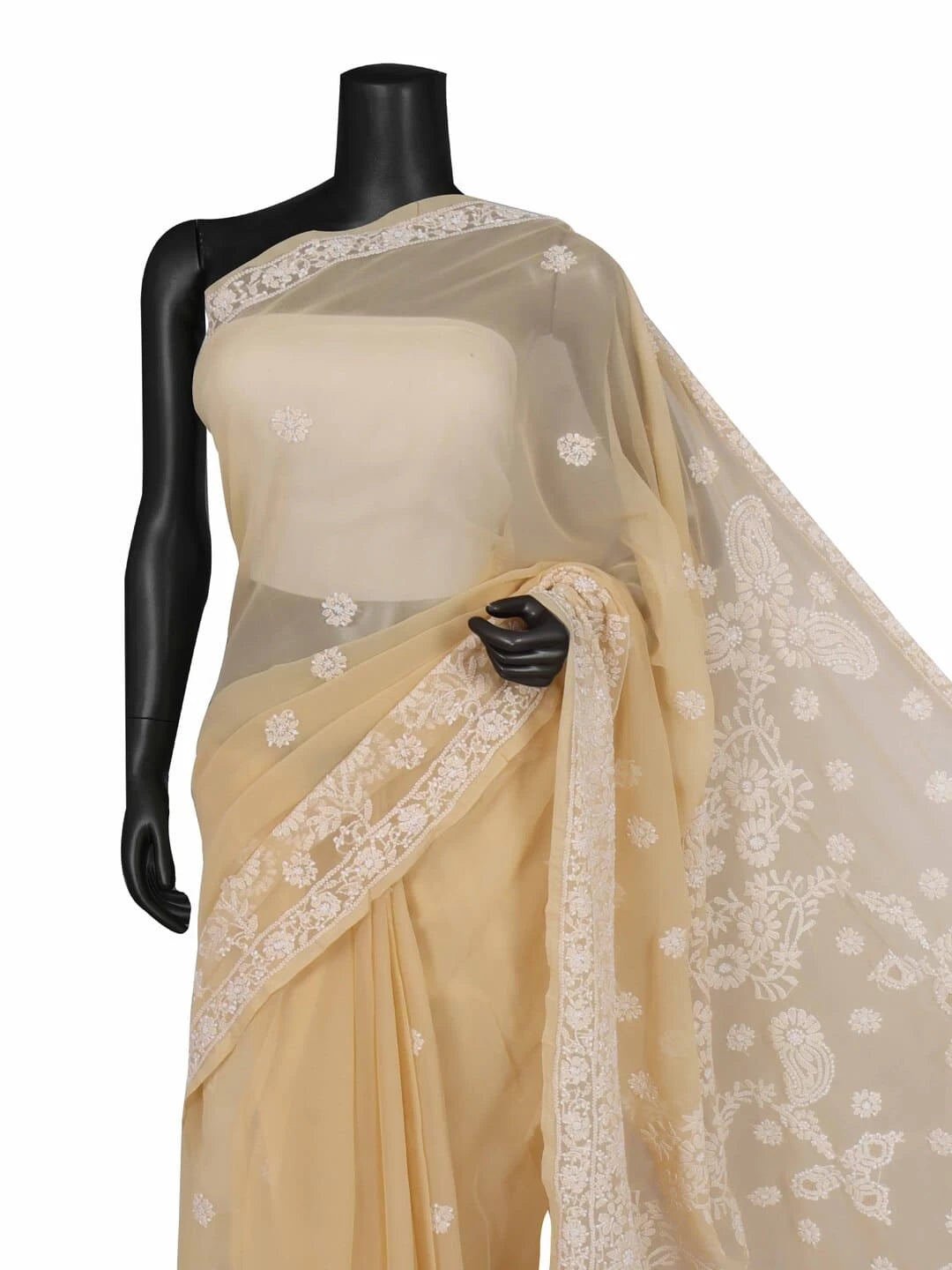Ada Hand Embroidered Fawn Georgette Lucknowi Chikankari Saree With Blouse 01A238138