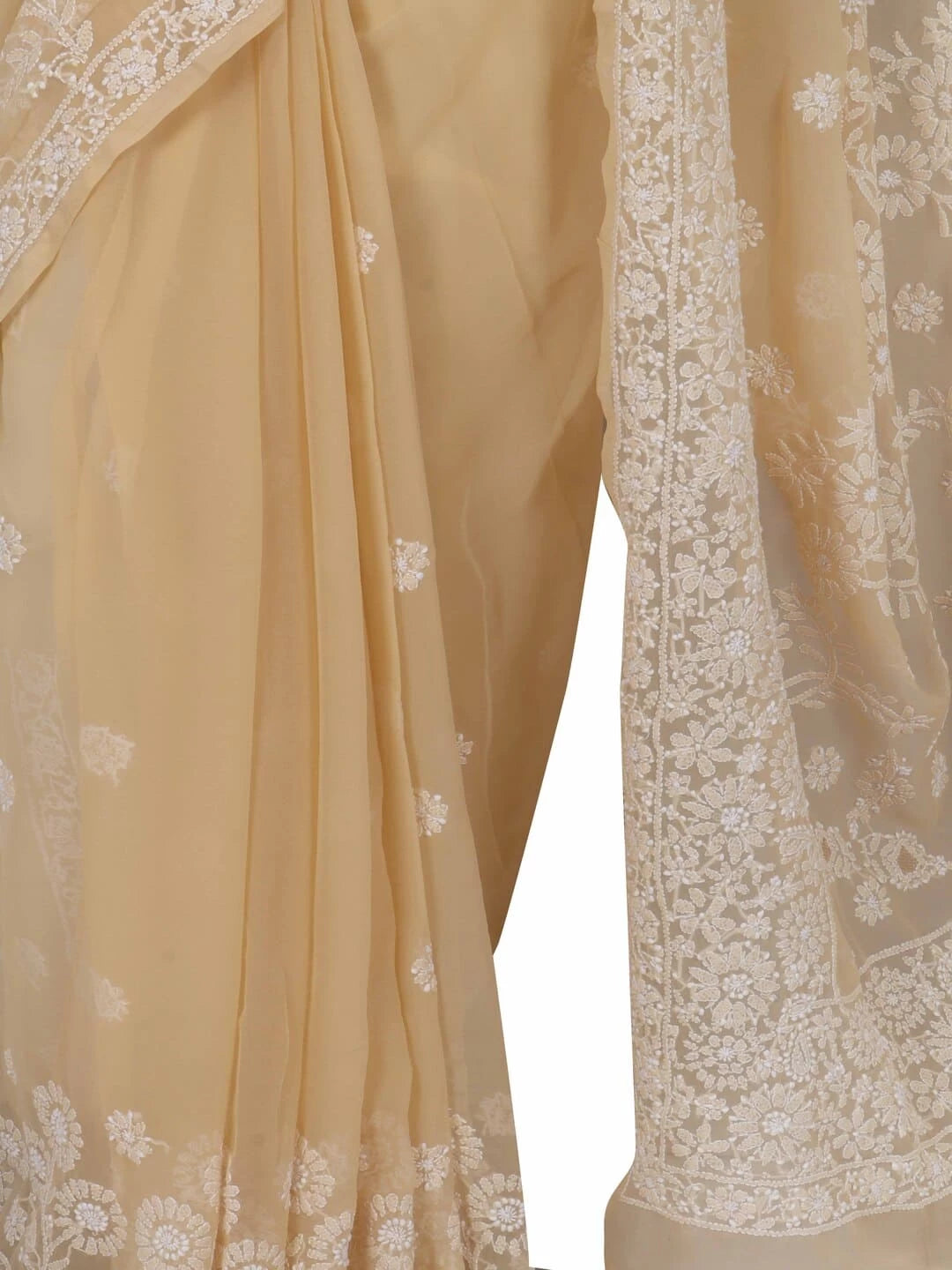 Ada Hand Embroidered Fawn Georgette Lucknowi Chikankari Saree With Blouse 01A238138