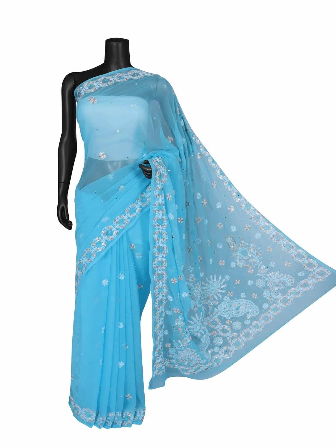 Ada Hand Embroidered Blue Georgette Lucknowi Chikankari Saree/Blouse With Gota Patti Work 01A246064