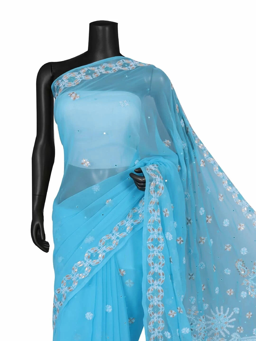 Ada Hand Embroidered Blue Georgette Lucknowi Chikankari Saree/Blouse With Gota Patti Work 01A246064
