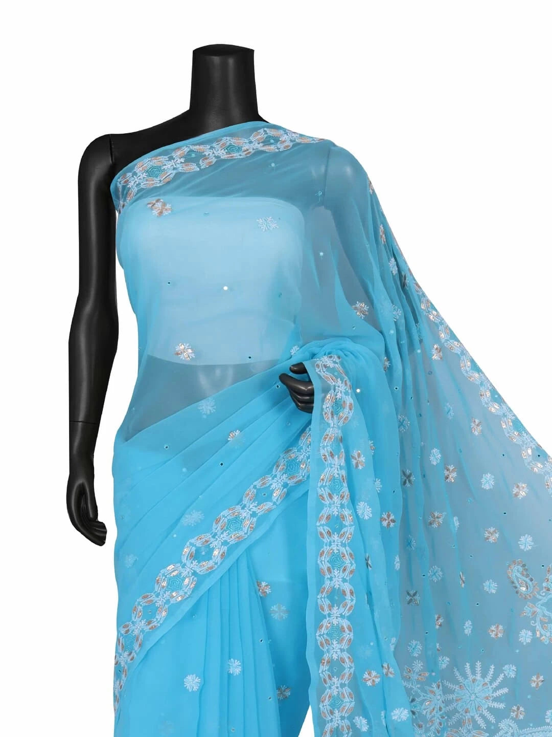 Ada Hand Embroidered Blue Georgette Lucknowi Chikankari Saree/Blouse With Gota Patti Work 01A246064