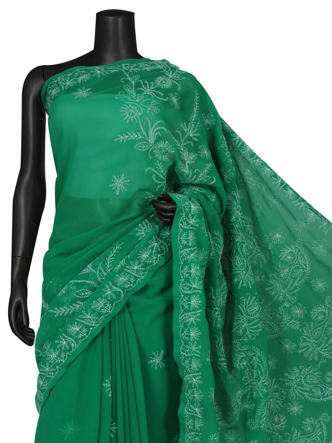 Ada Hand Embroidered British Racing Green Georgette Lucknowi Chikankari Saree With Blouse A136704