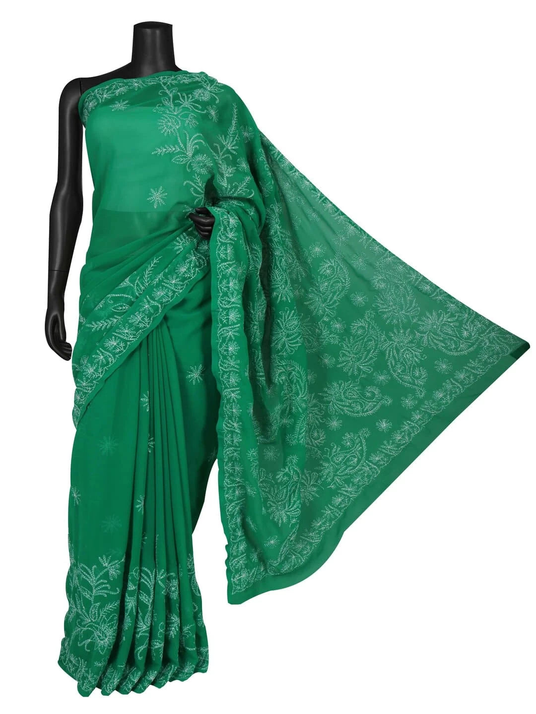 Ada Hand Embroidered British Racing Green Georgette Lucknowi Chikankari Saree With Blouse A136704