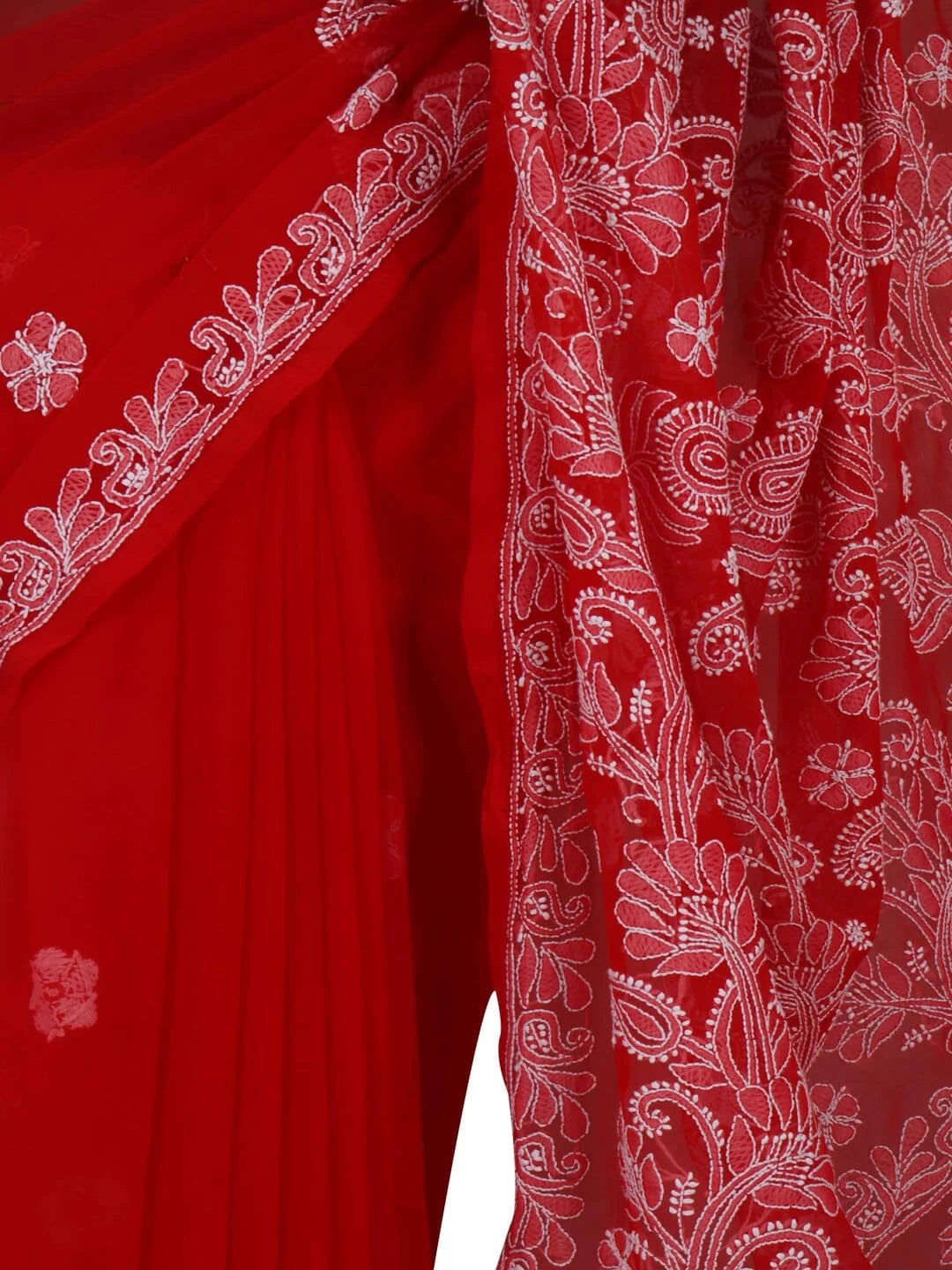 Ada Hand Embroidered Red Georgette Lucknowi Chikankari Saree With Blouse A351766
