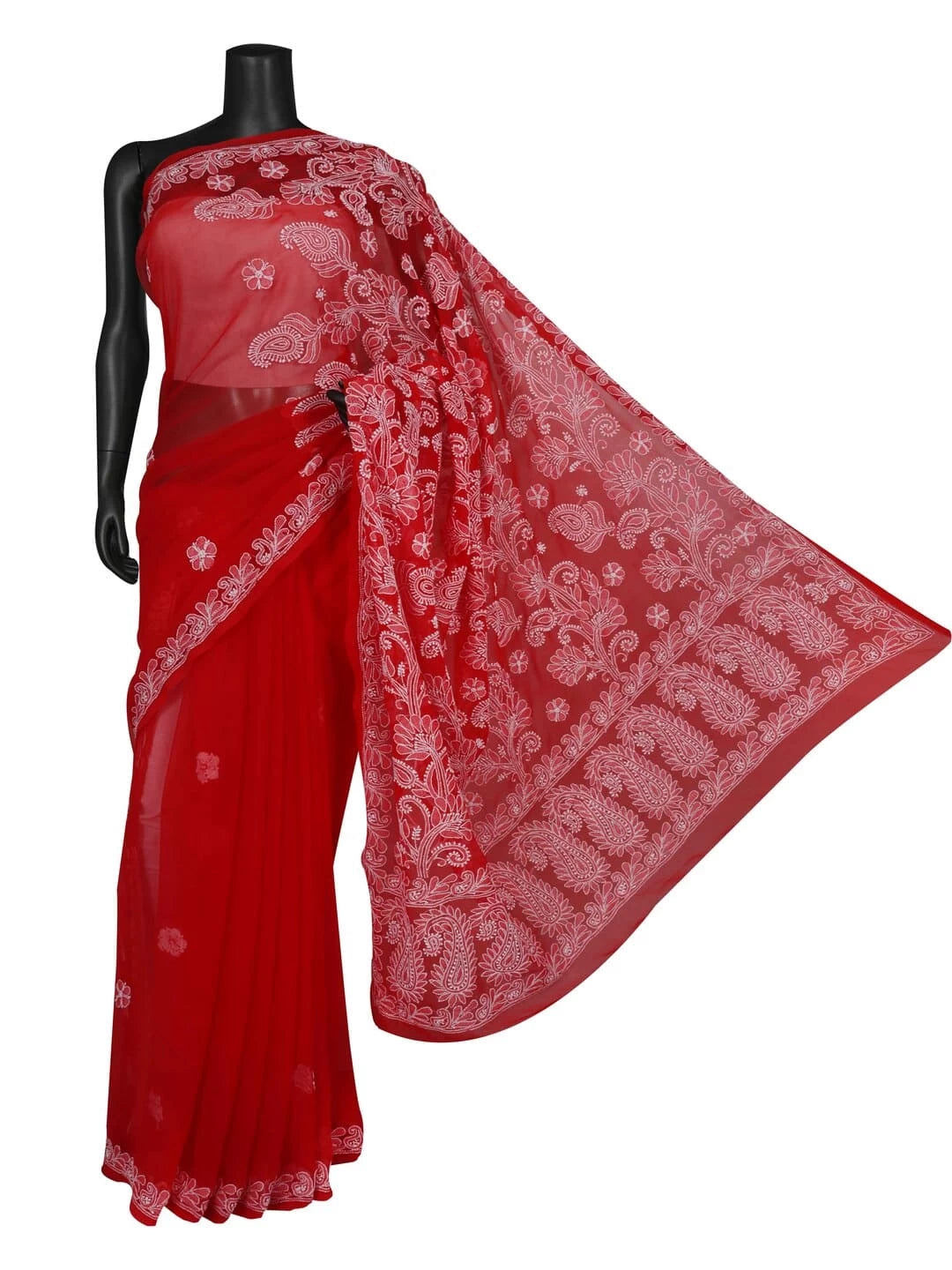 Ada Hand Embroidered Red Georgette Lucknowi Chikankari Saree With Blouse A351766