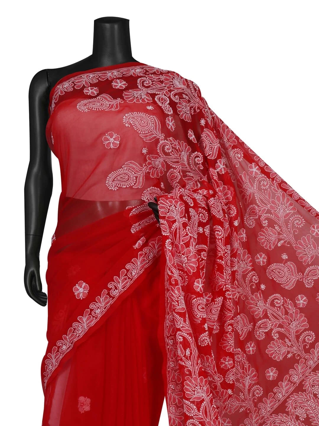 Ada Hand Embroidered Red Georgette Lucknowi Chikankari Saree With Blouse A351766