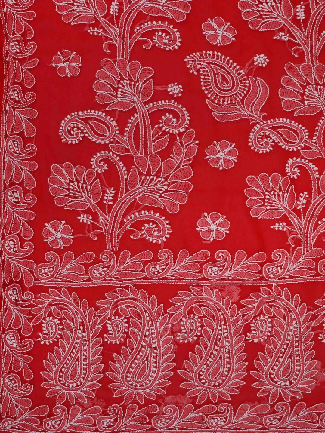 Ada Hand Embroidered Red Georgette Lucknowi Chikankari Saree With Blouse A351766