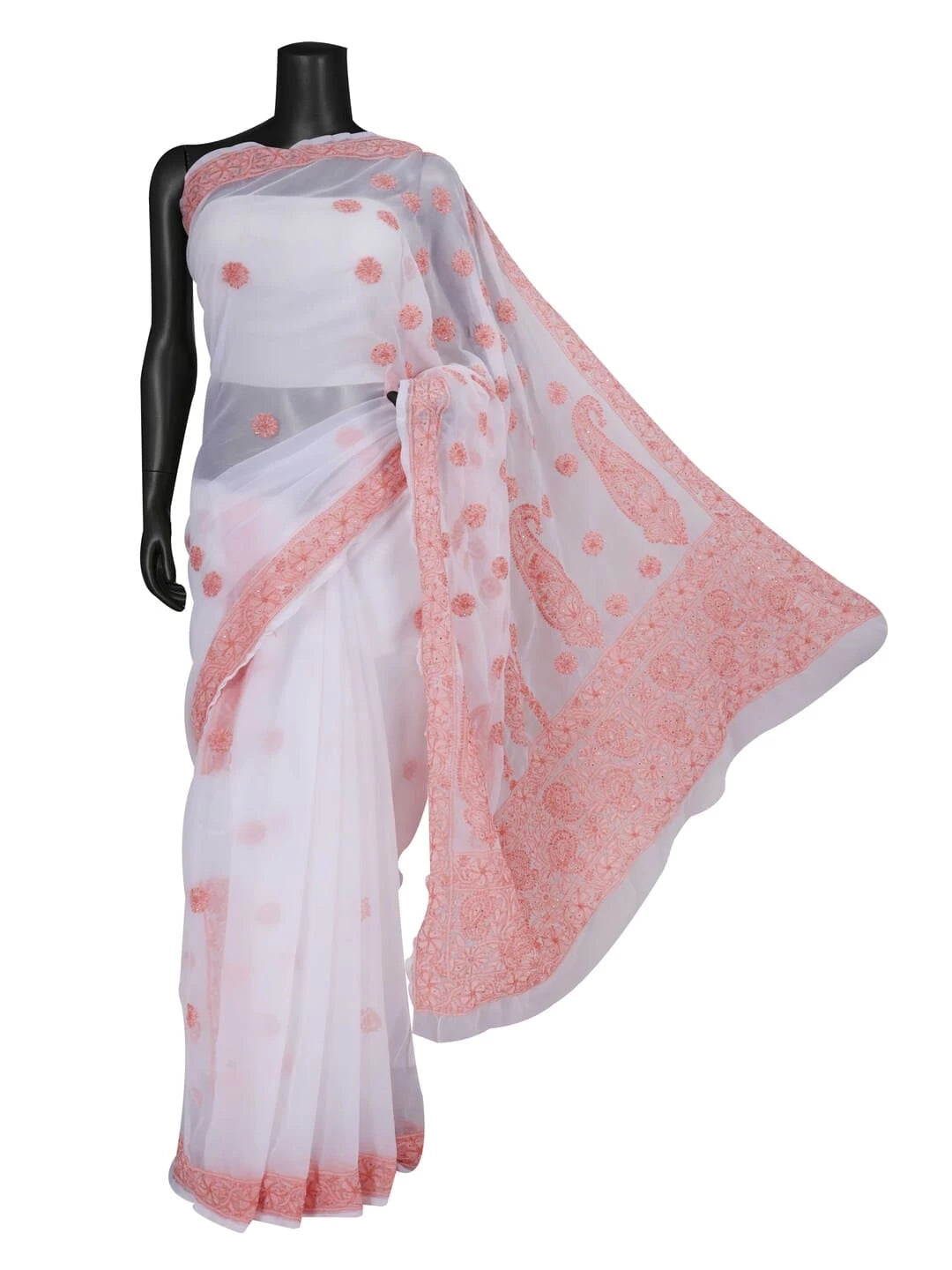 Ada Hand Embroidered White Georgette Lucknowi Chikankari Saree/Blouse With Muqaish Work 01A149653