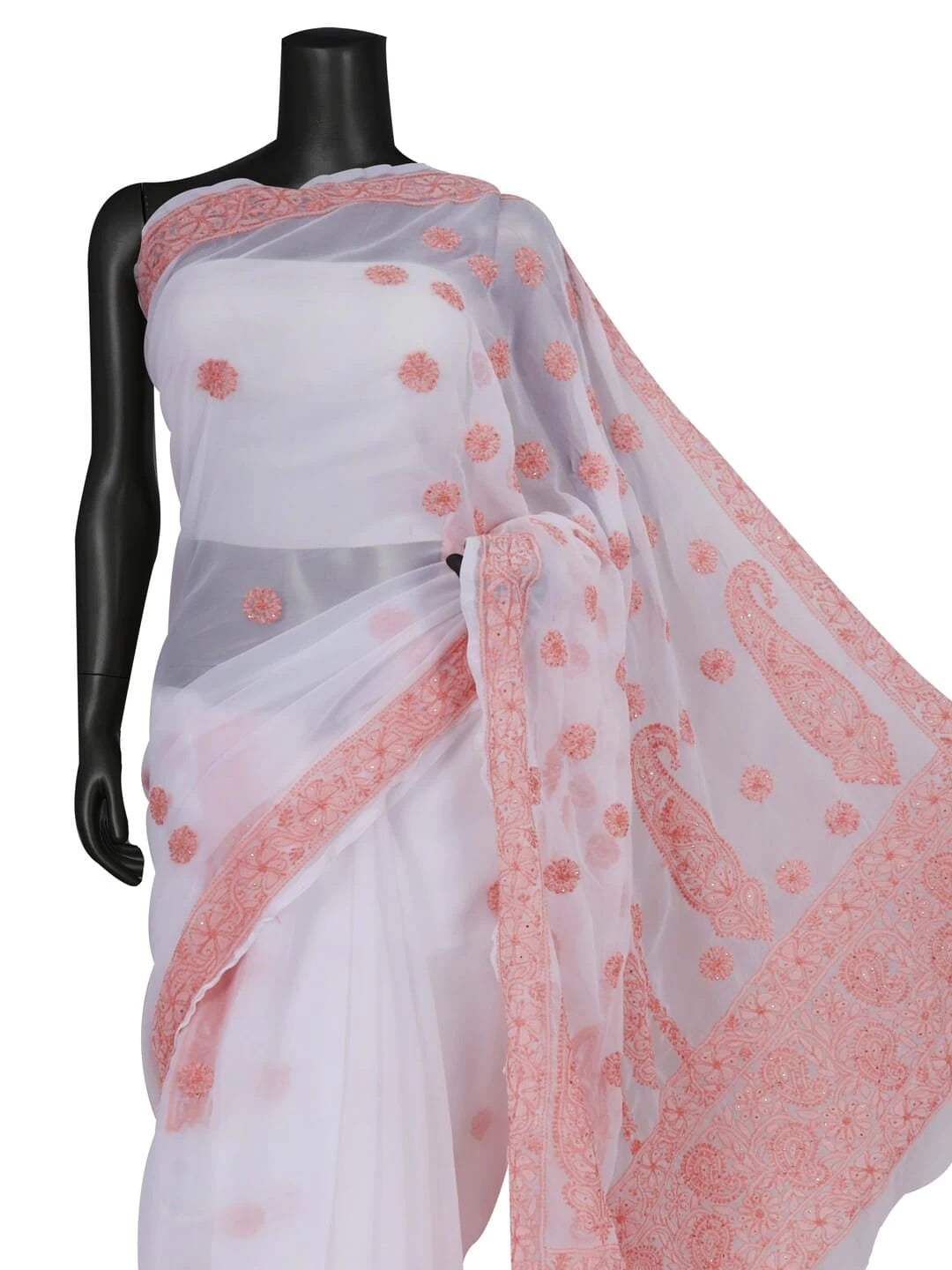 Ada Hand Embroidered White Georgette Lucknowi Chikankari Saree/Blouse With Muqaish Work 01A149653