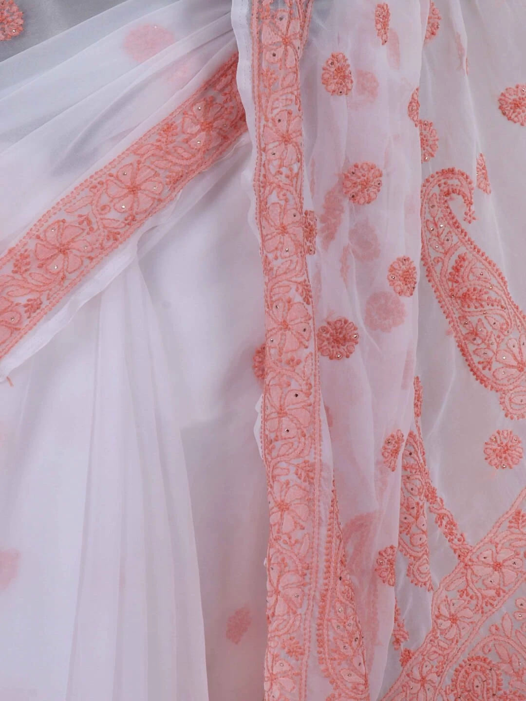 Ada Hand Embroidered White Georgette Lucknowi Chikankari Saree/Blouse With Muqaish Work 01A149653