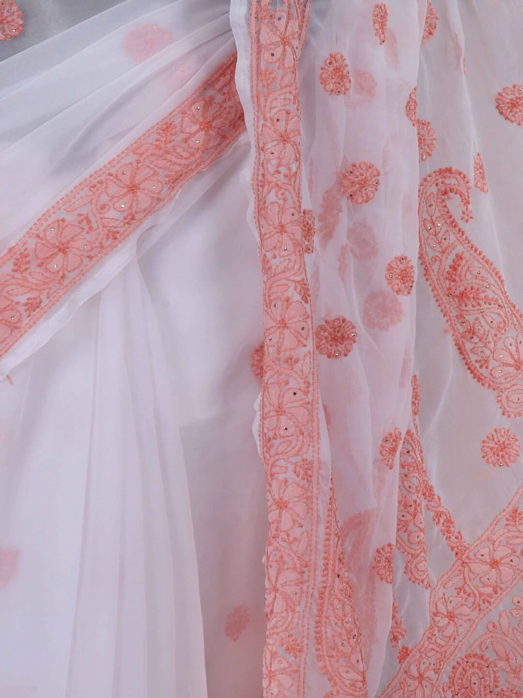 Ada Hand Embroidered White Georgette Lucknowi Chikankari Saree/Blouse With Muqaish Work 01A149653