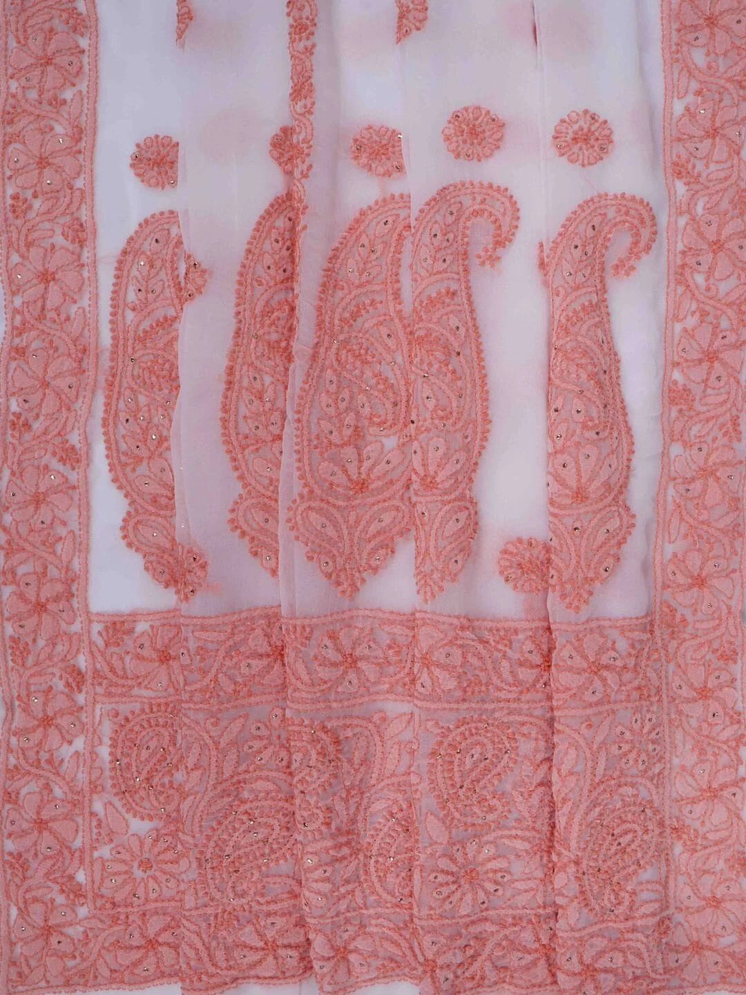 Ada Hand Embroidered White Georgette Lucknowi Chikankari Saree/Blouse With Muqaish Work 01A149653