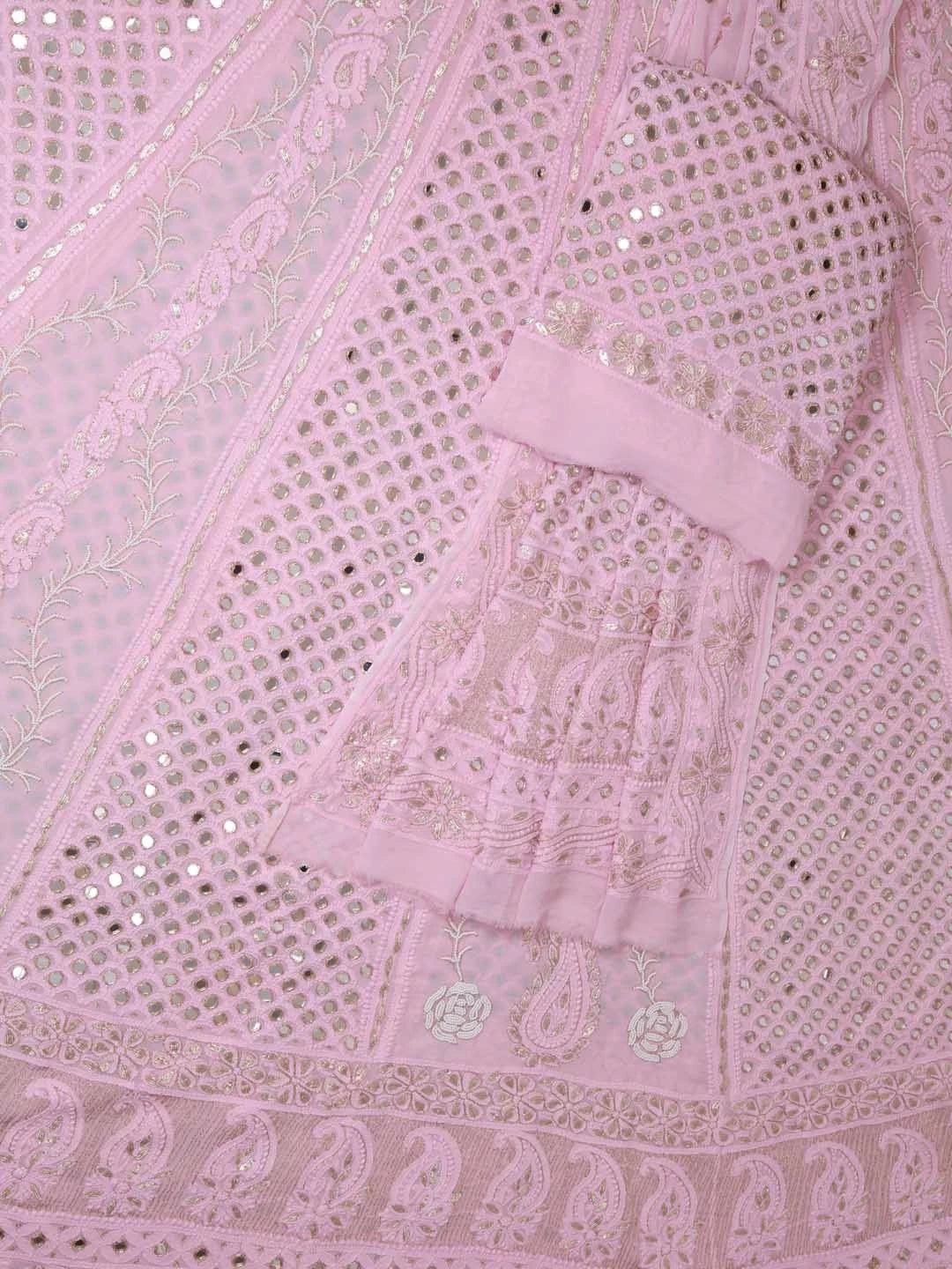 Ada Hand Embroidered Baby Pink Viscose Georgette Lucknowi Chikankari Semi Stitched Lehenga Set With Pearl Work 01A327608