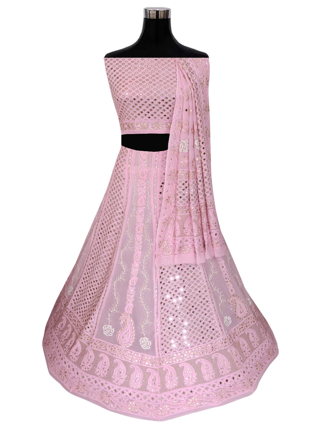 Ada Hand Embroidered Baby Pink Viscose Georgette Lucknowi Chikankari Semi Stitched Lehenga Set With Pearl Work 01A327608
