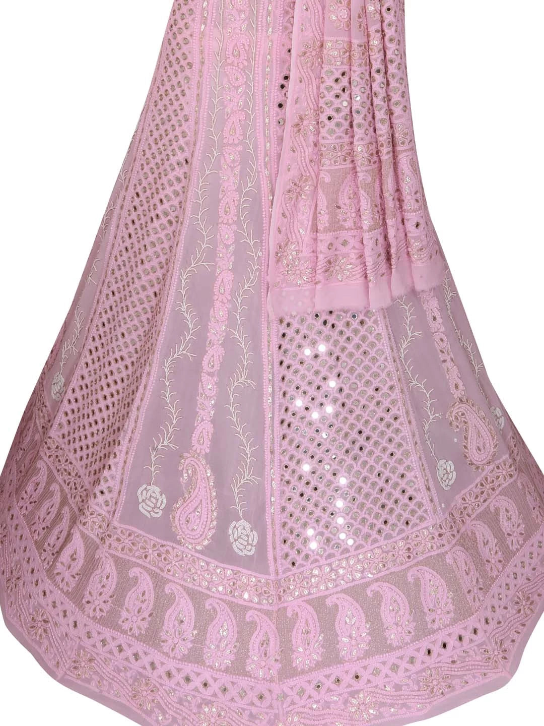 Ada Hand Embroidered Baby Pink Viscose Georgette Lucknowi Chikankari Semi Stitched Lehenga Set With Pearl Work 01A327608