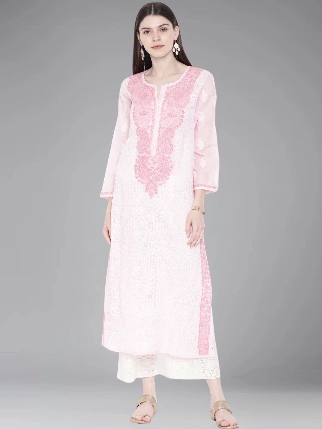 Ada Hand Embroidered Pink Cotton Lucknowi Chikankari Straight Kurta A267612