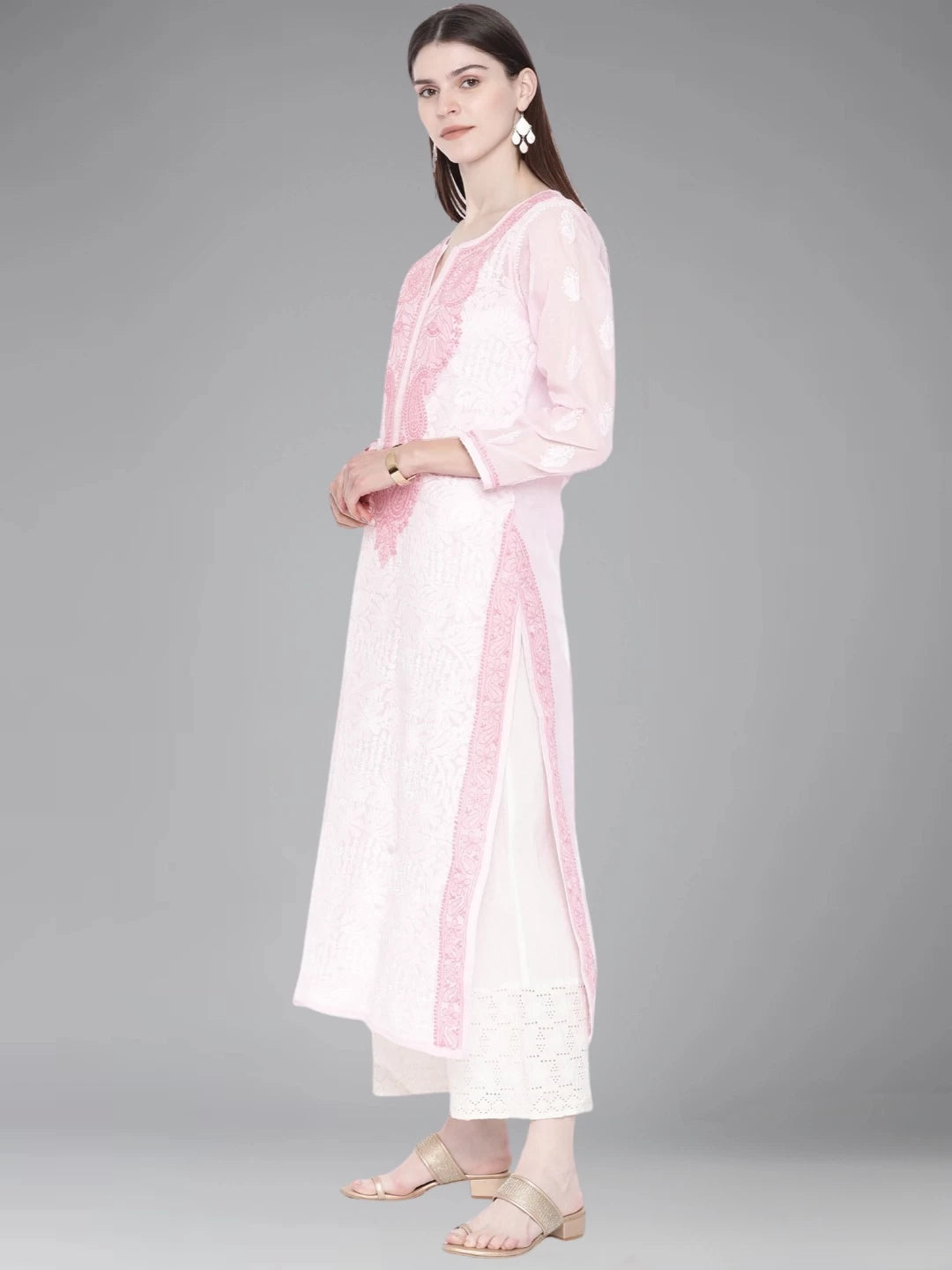 Ada Hand Embroidered Pink Cotton Lucknowi Chikankari Straight Kurta A267612